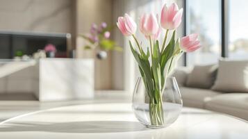 ai généré magnifique rose tulipes supporter dans une clair verre vase sur une blanc rond table dans le milieu de une brillant moderne vivant pièce photo