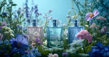 ai généré 3 bouteilles de parfum sur une bleu Contexte photo