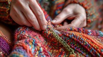ai généré fermer de mains tricot, mettant en valeur complexe motifs et doux fil textures photo