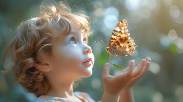 ai généré une enfant yeux large avec merveille à une papillon atterrissage sur leur main photo