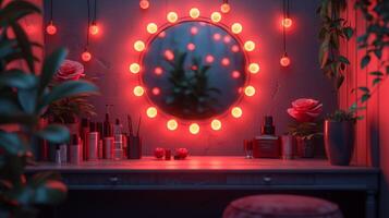 ai généré une vanité table avec une pétillant miroir et en forme de rose lumières, parfait pour glamour s'habiller sessions photo
