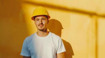 ai généré une Jeune Beau homme dans une Jaune construction casque. photo