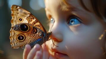 ai généré une enfant yeux large avec merveille à une papillon atterrissage sur leur main photo