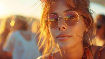 ai généré une magnifique femme en buvant Bière et ayant amusement à une Festival photo