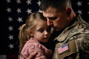 ai généré content réunion de une soldat avec le sien enfant photo