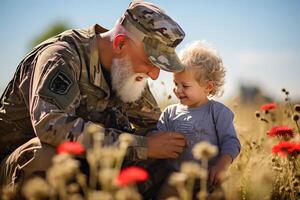 ai généré content réunion de une soldat avec le sien enfant photo