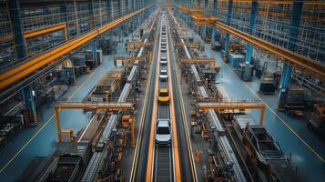 ai généré aérien vue de une rationalisé voiture Assemblée ligne à l'intérieur une contemporain véhicule usine, mettant en valeur automatisation dans automobile fabrication. photo