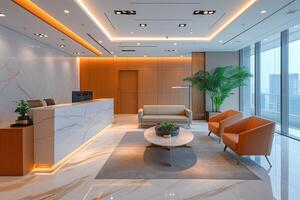 ai généré une moderne entreprise hall intérieur avec élégant marbre accueil bureau, lisse ameublement, et ambiant éclairage. photo