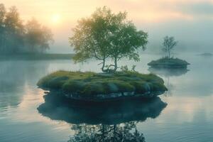 ai généré une tranquille lever du soleil plus de une brumeux Lac avec petit, herbeux îles et une seul arbre reflétant sur le des eaux surface. photo