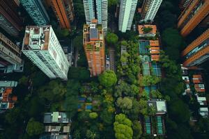 ai généré aérien vue de moderne appartement bâtiments avec vert toit jardins baigné dans le chaud lueur de le lumière du soleil, niché dans une luxuriant Urbain forêt. photo