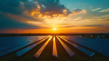 ai généré le Soleil monte, moulage une d'or lueur plus de un extensif tableau de solaire panneaux au milieu de une désert paysage. photo