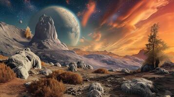 ai généré étourdissant nuit extra-terrestre scène. énorme montagnes contre étoilé ciel et planètes. fantaisie paysage. extraterrestre planète. science-fiction fond d'écran. fantastique illustration. photo