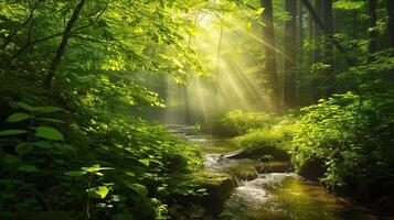 ai généré rayons de soleil verser par le canopée de une vibrant vert forêt, éclairant le feuillage et une doux courant écoulement plus de rochers. photo