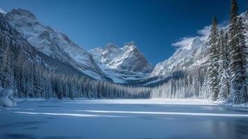 ai généré une serein hiver paysage vitrines une congelé rivière de premier plan à chargé de neige pin des arbres et majestueux montagnes en dessous de une clair bleu ciel. photo