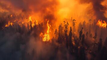 ai généré dévastateur incendies consommant une forêt pendant crépuscule, avec intense flammes et fumée en hausse contre un soir ciel. photo