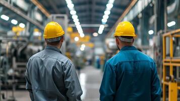 ai généré deux industriel ouvriers dans Jaune difficile Chapeaux arpentage le usine sol, mettant en valeur travail en équipe dans une fabrication environnement. photo