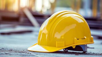 ai généré une solitaire Jaune sécurité casque repose sur le graveleux sol de une construction placer, mise en évidence lieu de travail sécurité et préparation. photo