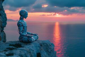 ai généré méditation concept, une solitaire robot est assis sur une falaise bord, regarder à une étourdissant le coucher du soleil plus de le océan, une moment de paix entre La technologie et la nature. photo