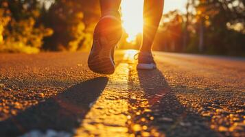 ai généré fermer de une coureur pieds sur le asphalte route pendant une coucher de soleil, mise en évidence un actif mode de vie et aptitude. photo