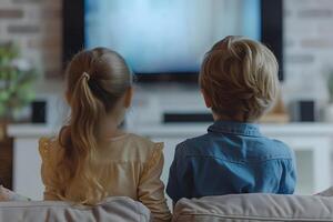 ai généré arrière vue de une enfant en train de regarder la télé. photo