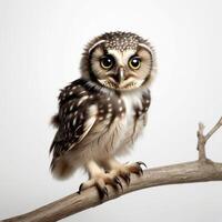 ai généré une petit hibou avec gros yeux est assis sur une arbre branche. ai génératif photo