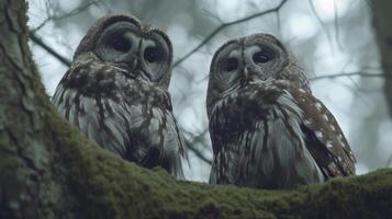 ai généré sage vieux chouettes perché sur couvert de mousse arbre branches, observer le monde avec connaissance yeux photo