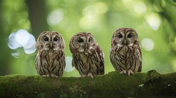 ai généré sage vieux chouettes perché sur couvert de mousse arbre branches, observer le monde avec connaissance yeux photo