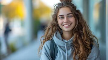 ai généré une mine de rien habillé Jeune dame, sa sourire convoyer une sens de positivité. grand fond zone photo