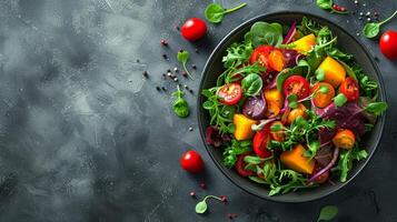 ai généré une coloré salade éclatement avec fraîcheur, promouvoir nutritif diététique les choix photo