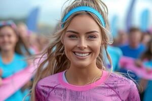 ai généré Jeune femme participant dans charité marathon, souriant vivement en plein air. photo