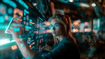 ai généré une Jeune femme engage avec une futuriste holographique ordinateur interface dans une technologie environnement. photo