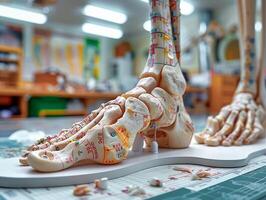 ai généré anatomique pied modèle avec détaillé marquages utilisé pour éducatif fins dans une bien équipé Salle de classe. photo