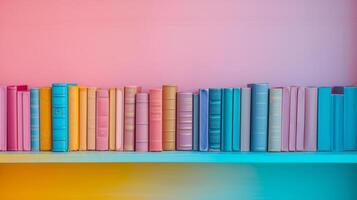 ai généré une étagère à livres rempli avec vibrant livres contre une doux pastel toile de fond, évoquant une l'amour pour en train de lire photo