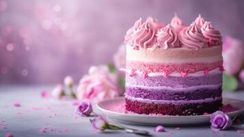 ai généré une charmant ombre gâteau avec couches de rose et violet, magnifiquement affiché contre une nettoyer Contexte photo