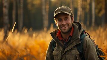 ai généré une Enchanté chasseur avec le sien jeu, le sien sourire Parlant de une récompense journée dans la nature photo