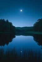 ai généré une serein, minimaliste éclairé par la lune nuit ciel plus de une calme, réfléchissant Lac photo