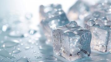 ai généré clair comme de l'eau de roche la glace cubes sur une nettoyer blanc surface, représentant clarté photo