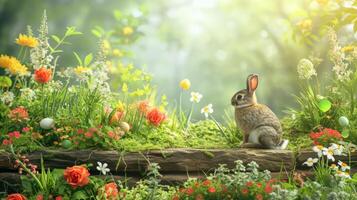 ai généré une luxuriant jardin où le Pâques lapin cache des œufs pour les enfants photo