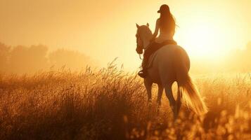 ai généré gracieux cheval silhouettes et terreux teintes Capturer le beauté de à cheval équitation photo