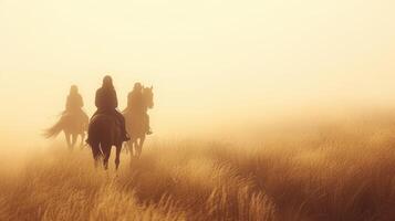 ai généré gracieux cheval silhouettes et terreux teintes Capturer le beauté de à cheval équitation photo