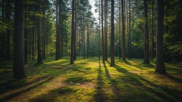 ai généré une serein moment dans le cœur de une tranquille forêt, entouré par imposant des arbres photo