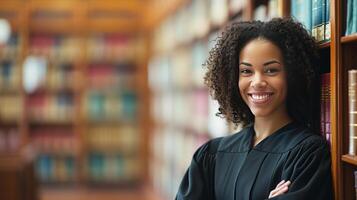 ai généré une loi étudiants sourire représente leur enthousiasme pour apprentissage et une brillant légal futur photo