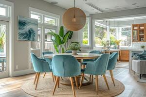ai généré vivant pièce avec contemporain intérieur conception. avec couleur menthe chaises et une rond en bois à manger table photo
