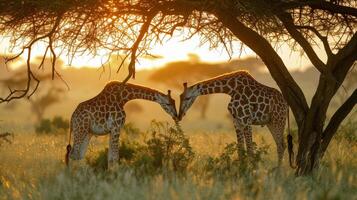 ai généré gracieux girafes pâturage pacifiquement dans le pommelé ombre de un acacia arbre photo