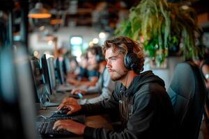 ai généré concentré Jeune homme travail avec diligence à le sien Bureau ordinateur, immergé dans une moderne entreprise environnement photo