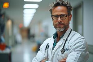 ai généré mature Masculin médecin avec des lunettes et stéthoscope des stands en toute confiance dans une hôpital couloir. photo
