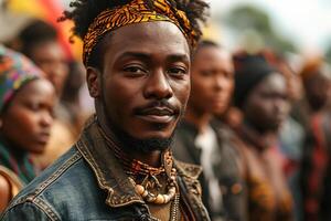 ai généré fermer portrait de une sur de soi homme avec traditionnel chapellerie à une multiculturel Festival photo