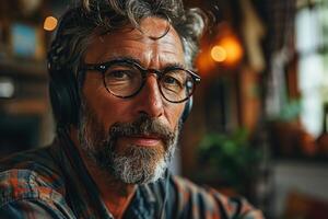 ai généré une contemplatif mature homme avec gris cheveux et des lunettes écoute intensément par écouteurs dans une confortable intérieur réglage photo