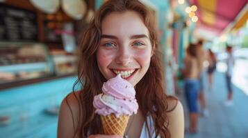 ai généré une Jeune Dame savourer un la glace crème cône, sa sourire rayonnant pur joie dans le caméra lentille photo