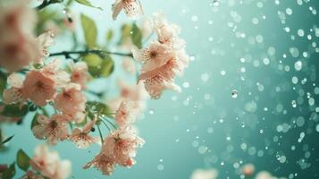 ai généré pastel gouttes de pluie et fleurs doucement chute contre une bleu ciel toile de fond photo